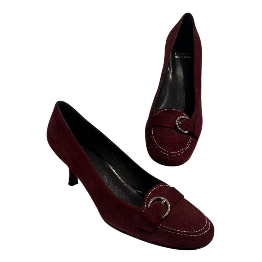 Stuart Weitzman Settle Suede Pump 8.5 M Burgundy Gold Buckle Kitten Heel NIB